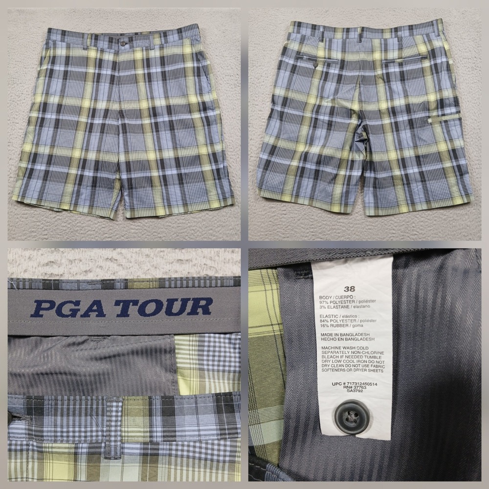 PGA Tour Golf Shorts Mens 38 Yellow Blue Gray Plaid Performance Flat Front